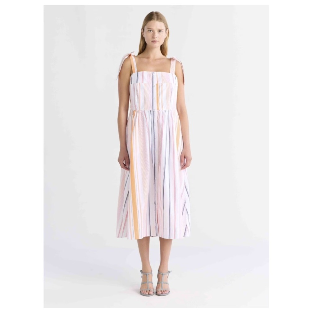 Free Assembly Women Striped Button Front Midi Dress Pink Orange White Large NWT